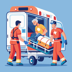 Fototapeta premium Paramedics loading an elderly patient onto a stretcher into an ambulance