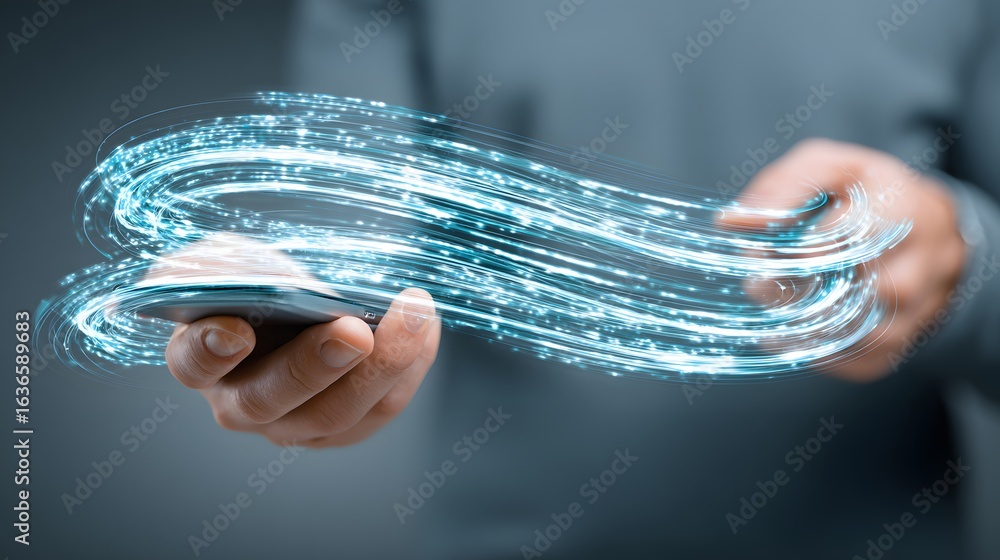 Poster hand holding a smartphone with glowing data streams.
