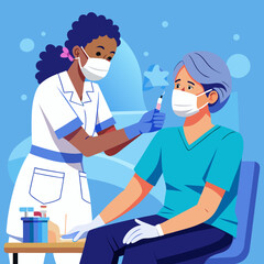 Nurse administering injection to patient wearing face mask during vaccination campaign