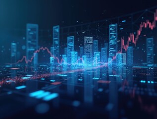 Digital tableau of financial charts transforming dynamically, AI working in progress.
