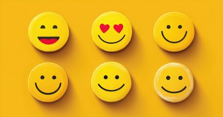 Six yellow emoji faces on a bright yellow background