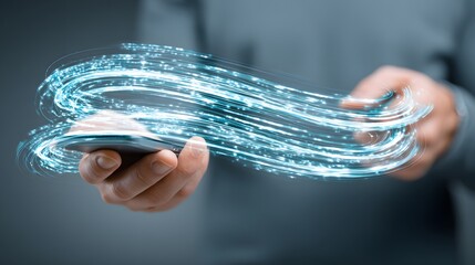 Hand holding a smartphone with glowing data streams.