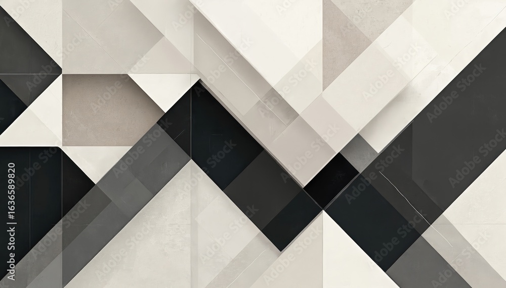 Poster sleek modern illustration features clean sharp geometric patterns in neutral tones of black, white, 