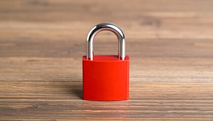 Red padlock on wooden table