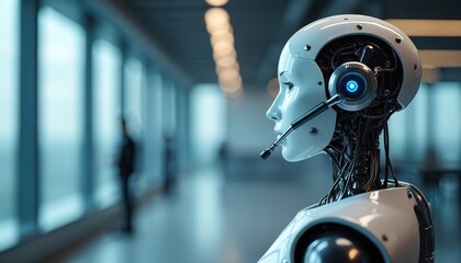 Robotic call center agent with metallic shoulder, communication headset. AI cybernetic assistant features futuristic automation, digital client service interaction, high technology. Pro voice