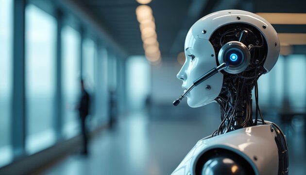 Robotic call center agent with metallic shoulder, communication headset. AI cybernetic assistant features futuristic automation, digital client service interaction, high technology. Pro voice