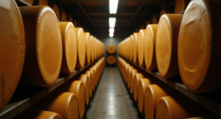 Rows of large cheese wheels aging in a traditional farm cellar under warm light representing dairy production and artisanal cheesemaking
