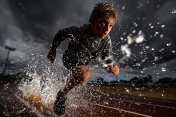 Young boy running on wet track with water splashing, demonstrating power and determination in sport