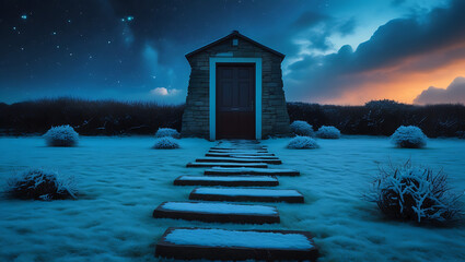 Surreal Snowy Landscape with Stone Path Leading to Mysterious Doorway,Starry Night Sky and Dramatic Contrast in Digitally Manipulated Scene