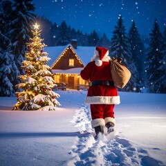 Santa Claus walking through snowy forest at night