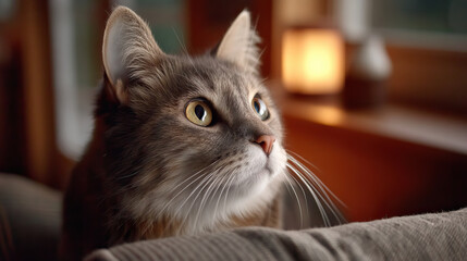 Close up of gray and white cat with yellow eyes looking attentively indoors near window with warm lighting creating cozy atmosphere and soft focus background