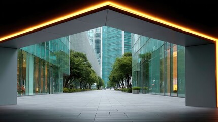 Abstract Neon Light Paths Forming Geometric Shapes in Cityscape