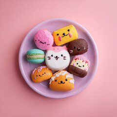 Cute Macarons with Kawaii Faces on a Pink Plate , kawaii style,  made with generative AI