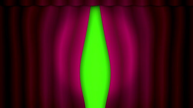 dark scarlet cartoon theatre curtain transition reveal with opening curtains and roaming spotlight to reveal a chroma key green screen background 4K