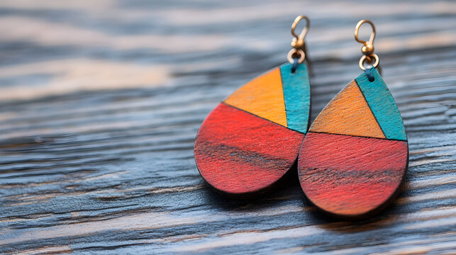 un par de artes coloridos hechos artesanalmente coloridos de madera modernos culturales sobre un fondo de madera con espacio de copia 