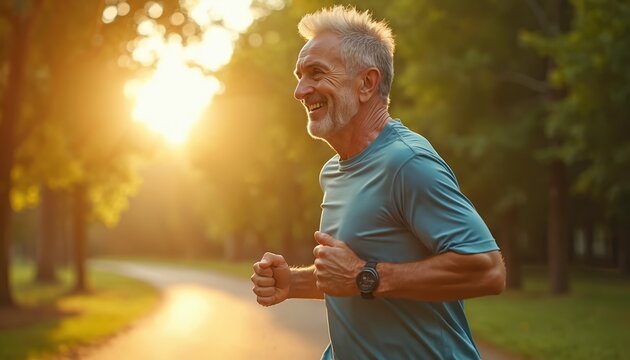Happy 50 year old man jogging outdoors on sunny autumn day. Side view, cinematic style shows athletic build, smile. Wears smartwatch. Image represents active senior lifestyle, health, happiness in - Powered by Adobe