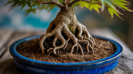 Fototapeta premium Close up of exposed gnarled roots of a Japanese Maple bonsai tree in a blue ceramic pot exposed roots