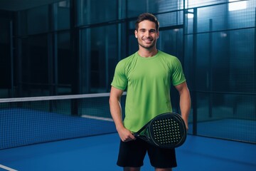 Handsome sportsman ready for an exciting padel tennis match in an indoor court with a vibrant and fresh look