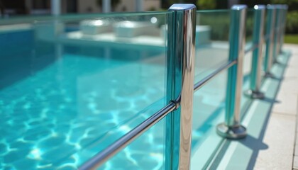Modern glass and metal railing borders sparkling swimming pool. Crystal clear water reflects sunlight creating rippling patterns. Stylish pool fence enhances luxury resort, vacation ambiance.