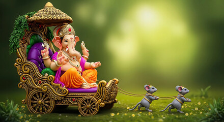  Lord Ganesha on a Chariot Pulled by Mice - Festival and Divine Art