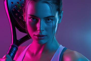 Intense athlete ready for padel match with confident gaze and vibrant neon studio lighting setting the scene