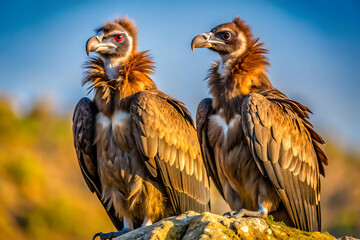 Obraz premium A striking pair of cinereous vultures, featuring their dark brown feathers and formidable beaks, perched gracefully on a sunlit mound under a clear sky