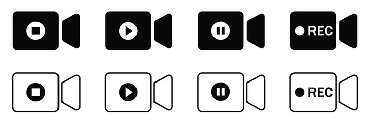 Minimalist Video Camera & Streaming Icon Set – Black & White Vector for Apps & Media