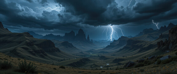 Dramatic lightning storm over majestic mountain valley nature photography nighttime atmospheric view landscape concept
