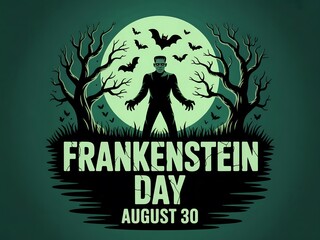 Frankenstein day august 30th celebrated with spooky monster silhouette under a full moon
