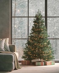 Obraz premium Decorating the cozy living room corner with a beautiful christmas tree and colorful gift boxes creating a festive environment for the holiday season