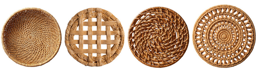 Fototapeta premium Four round straw coasters isolated on transparent background are displayed in a row, showcasing their different weaves and textures for a rustic and natural aesthetic