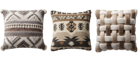 Decorative throw pillows isolated on transparent background a set of three cozy and soft cushions with woven and knit patterns for rustic farmhouse home decor