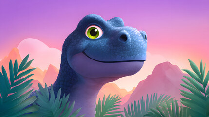 Smiling dinosaur appears in a prehistoric forest