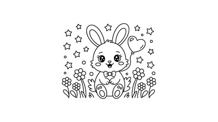 Adorable Cartoon Bunny Rabbit in a Field of Flowers with Stars - Line Art Illustration
