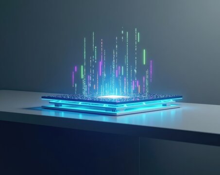 Glowing AI chip with data pulses on executive shelf