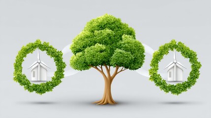 Green energy hubs connected by nature tree isometric map visualization sustainable environment concept