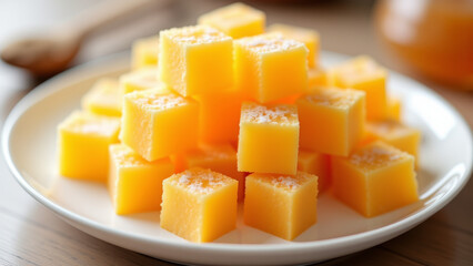 White plate with cubes of yellow cheese on table