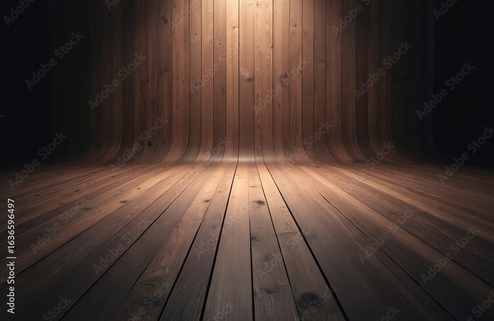 Poster dark curved wooden background with vertical planks. warm light illuminates the floor and wall sectio