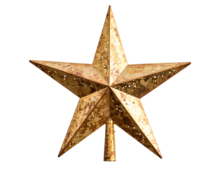 Vintage tin star tree topper with rustic charm, isolated on transparent background.