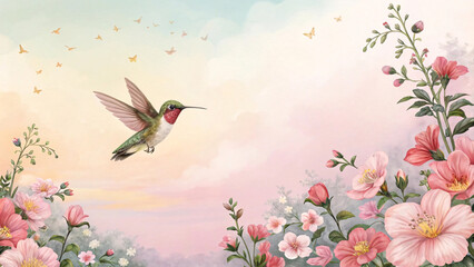 Ruby-throated hummingbird flying among pink wildflowers with butterflies in distance, dreamy sunset sky creating magical garden scene.
