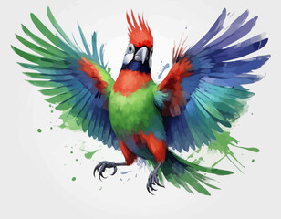  The artwork has a watercolor or paint-splatter style, with splotches of green paint around the lower part of the bird. The parrot's body is primarily green, with a red neck and chest, and a bright re
