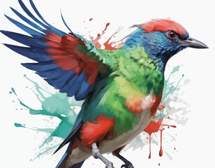  The artwork has a watercolor or paint-splatter style, with splotches of green paint around the lower part of the bird. The parrot's body is primarily green, with a red neck and chest, and a bright re