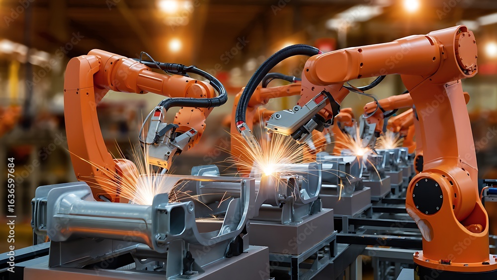 Poster industrial robots performing automated welding in a modern factory