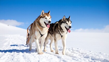 Naklejka premium Two Siberian Huskies pulling a sled on snowy terrain under a clear blue sky. Detailed high quality image. 