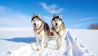 Two Siberian Huskies pulling a sled on snowy terrain under a clear blue sky. Detailed high quality image. 