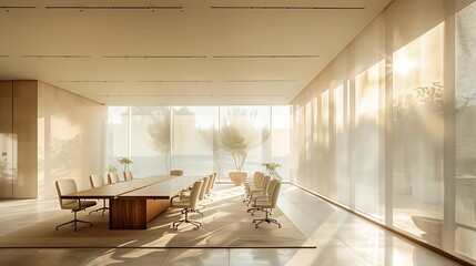 A modern conference room with a long table chairs and large windows letting in natural sunlight glow 100