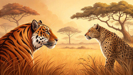 Detailed wildlife illustration of tiger and cheetah profiles in natural grassland habitat with iconic African trees in background.