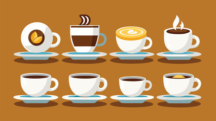 Eight white coffee cups with different coffee drinks on saucers beverage