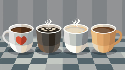 Four steaming coffee cups with latte art and heart design on checkered surface drink