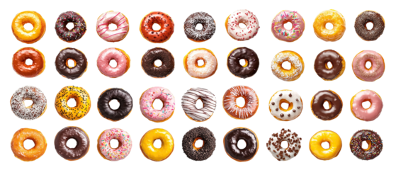 Large assortment of colorful donuts with various glazes and sprinkles. Top view of assorted sweet pastries with chocolate, vanilla, and fruit toppings on white background.